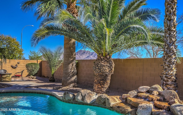 view of pool featuring a patio area, a fenced backyard, and a fenced in pool