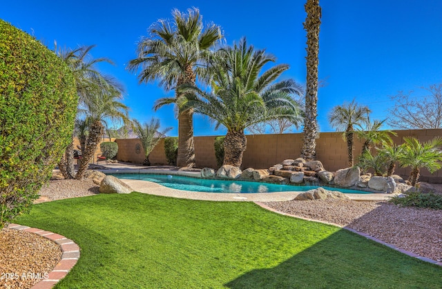 view of yard featuring a fenced backyard and a fenced in pool