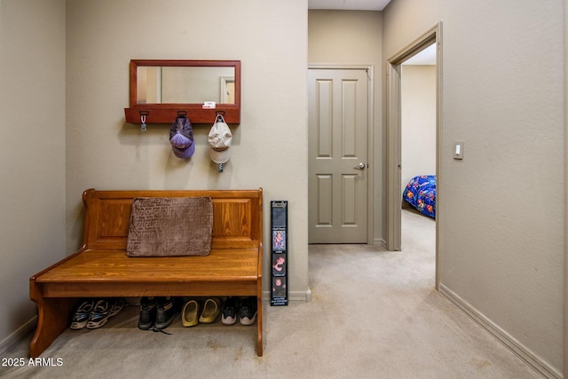 mudroom with baseboards and light colored carpet