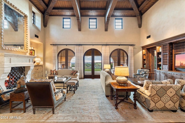 living room featuring french doors, a premium fireplace, plenty of natural light, and wooden ceiling