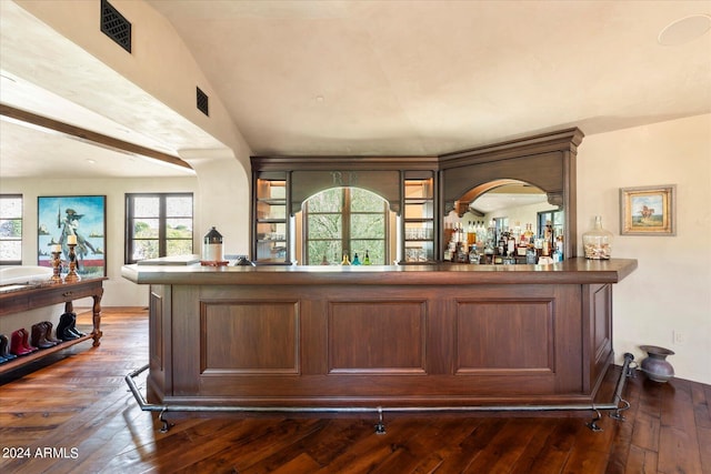 bar featuring vaulted ceiling and dark hardwood / wood-style floors