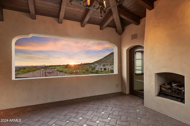 balcony at dusk with a mountain view