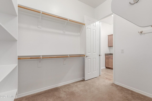 walk in closet featuring light carpet