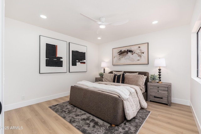 bedroom featuring recessed lighting, baseboards, and light wood finished floors