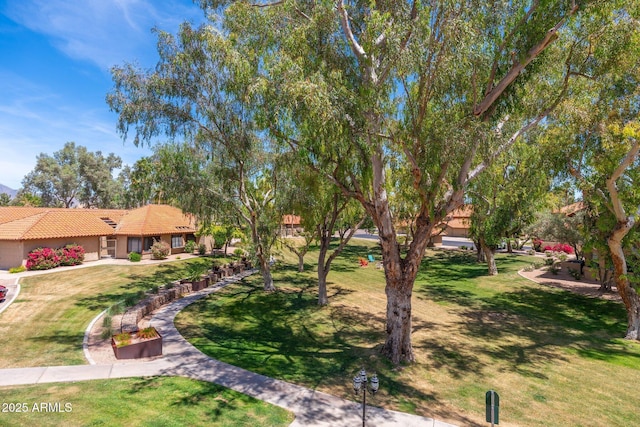 surrounding community featuring a lawn and an attached garage
