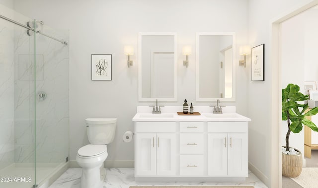 bathroom with an enclosed shower, vanity, and toilet