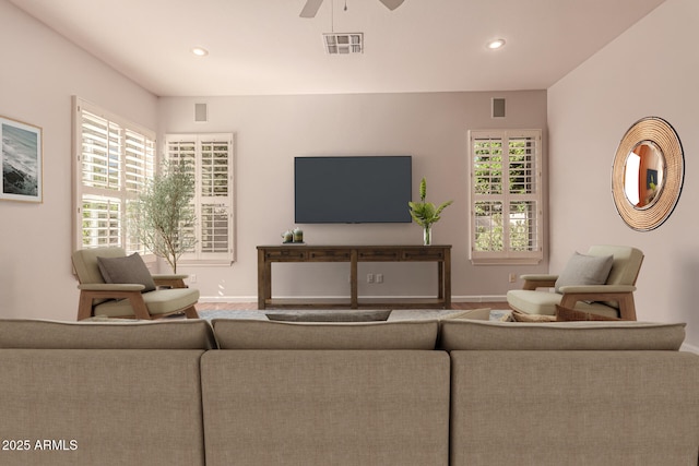 living room with recessed lighting, baseboards, visible vents, and ceiling fan