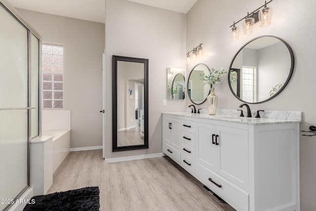 bathroom with hardwood / wood-style flooring, a healthy amount of sunlight, vanity, and a bath