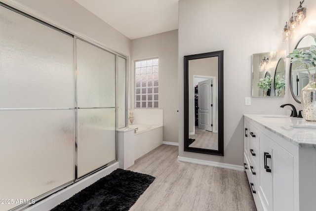 bathroom with wood-type flooring, plus walk in shower, and vanity