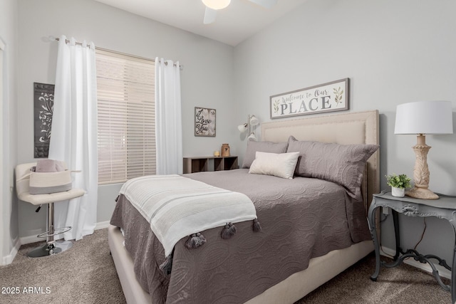 bedroom with ceiling fan and carpet flooring