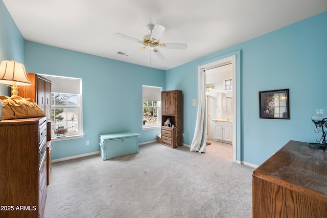 bedroom featuring carpet flooring, a ceiling fan, baseboards, and visible vents