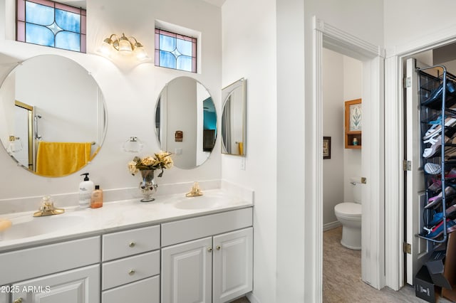 full bath featuring double vanity, a wealth of natural light, toilet, and a sink