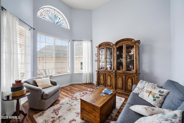 living room with a high ceiling, baseboards, and wood finished floors