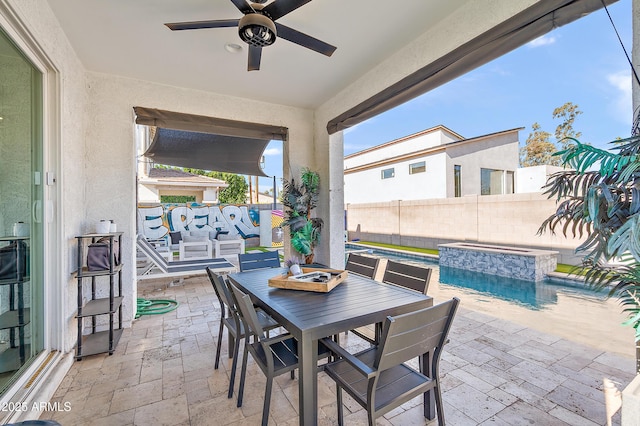 view of patio / terrace featuring an outdoor living space, pool water feature, a swimming pool with hot tub, and ceiling fan