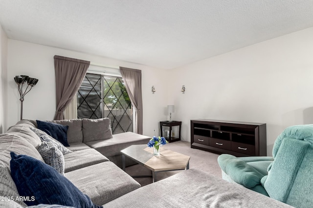 living room featuring light carpet and a textured ceiling