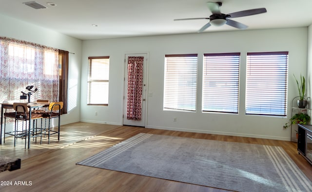 interior space featuring ceiling fan, a healthy amount of sunlight, and light hardwood / wood-style floors