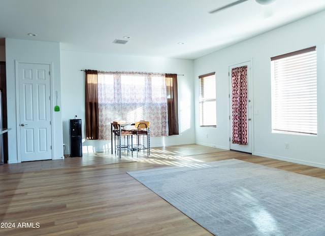 interior space featuring light hardwood / wood-style flooring, ceiling fan, and a healthy amount of sunlight