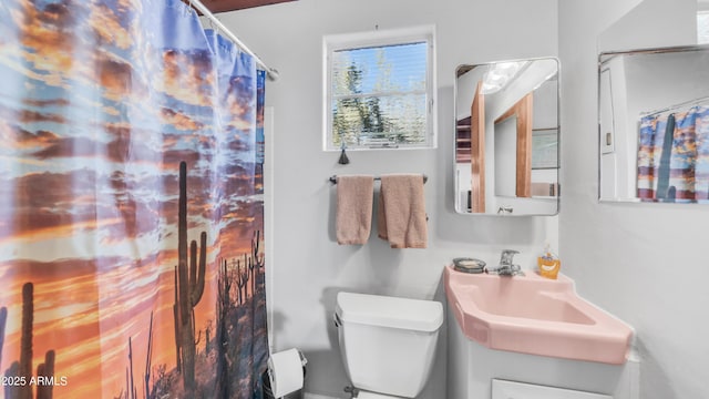 bathroom with a sink, a shower with curtain, and toilet