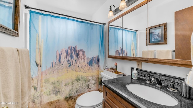 full bathroom with vanity, toilet, and curtained shower
