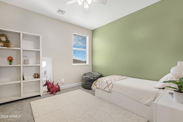 bedroom featuring ceiling fan and carpet flooring