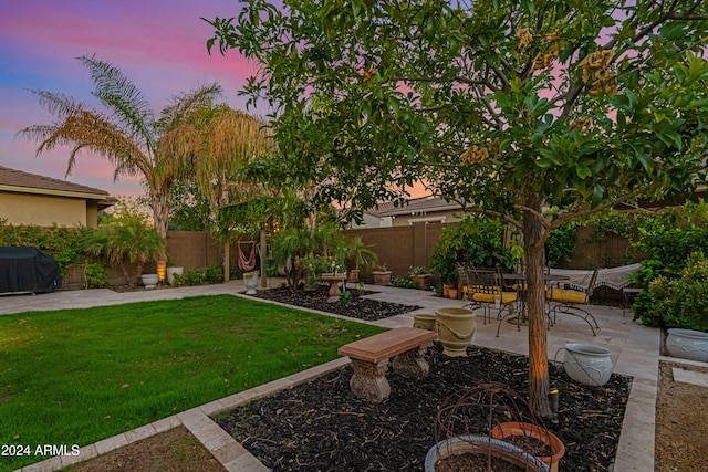 yard at dusk featuring a patio