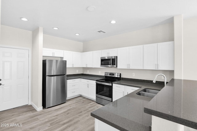 kitchen with appliances with stainless steel finishes, white cabinetry, sink, kitchen peninsula, and light hardwood / wood-style flooring