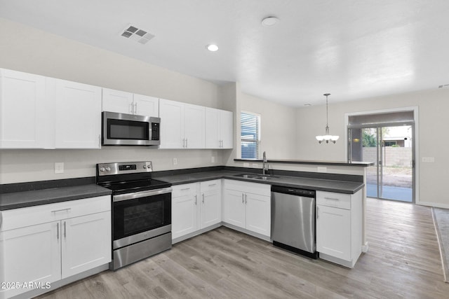 kitchen with sink, appliances with stainless steel finishes, hanging light fixtures, a wealth of natural light, and white cabinets