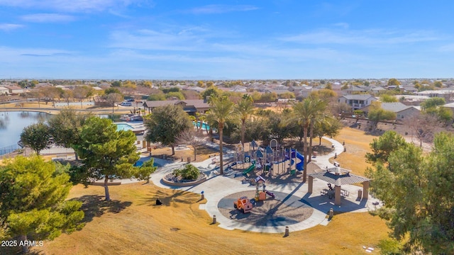 bird's eye view with a water view