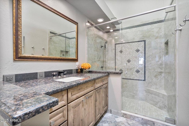8514 E Country Club Trl, Scottsdale, AZ 85255 - bathroom featuring a stall shower, vanity, and recessed lighting
