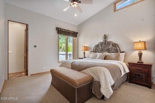 8514 E Country Club Trl, Scottsdale, AZ 85255 - bedroom featuring lofted ceiling, access to outside, light carpet, baseboards, and a ceiling fan