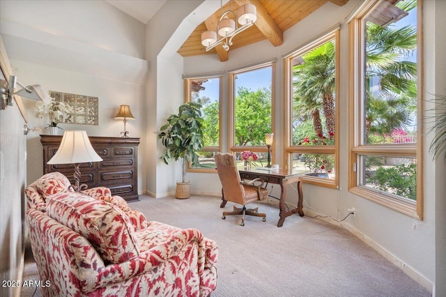 8514 E Country Club Trl, Scottsdale, AZ 85255 - carpeted office with baseboards, vaulted ceiling, and wooden ceiling