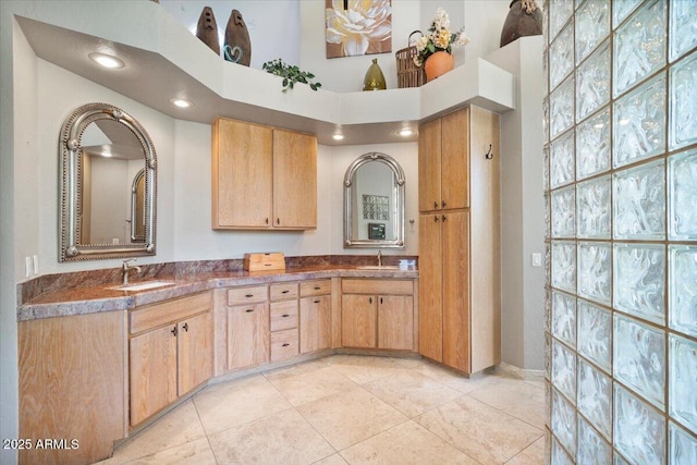 8514 E Country Club Trl, Scottsdale, AZ 85255 - bathroom with a high ceiling, tile patterned floors, and double vanity