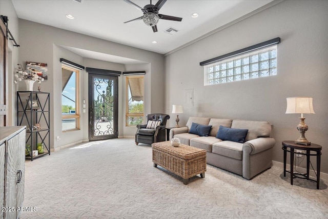 8514 E Country Club Trl, Scottsdale, AZ 85255 - carpeted living room with ceiling fan, baseboards, and recessed lighting