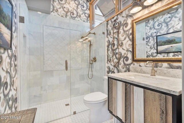 8514 E Country Club Trl, Scottsdale, AZ 85255 - bathroom featuring a shower stall, toilet, tile patterned flooring, and vanity
