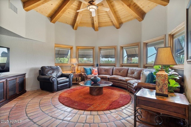 8514 E Country Club Trl, Scottsdale, AZ 85255 - living area with wood ceiling, healthy amount of natural light, beam ceiling, high vaulted ceiling, and a ceiling fan