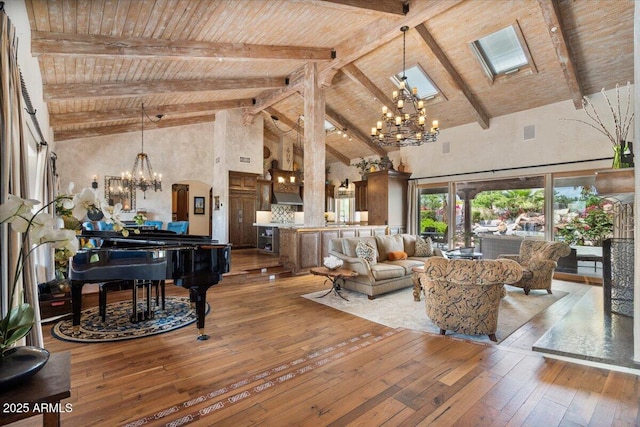 8514 E Country Club Trl, Scottsdale, AZ 85255 - living room featuring a chandelier, hardwood / wood-style floors, high vaulted ceiling, wood ceiling, and beam ceiling