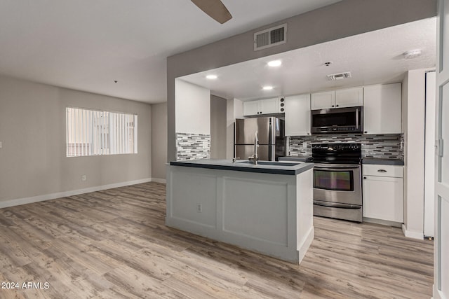 kitchen with stainless steel appliances, tasteful backsplash, white cabinets, light hardwood / wood-style floors, and kitchen peninsula