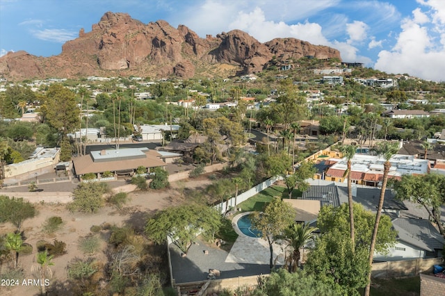 drone / aerial view featuring a mountain view