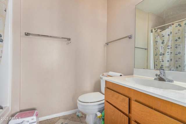 bathroom with vanity, a shower with curtain, tile patterned floors, and toilet