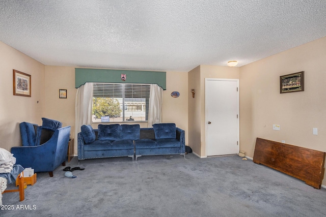 carpeted living room with a textured ceiling