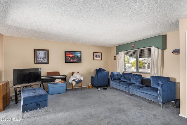 carpeted living room featuring a textured ceiling