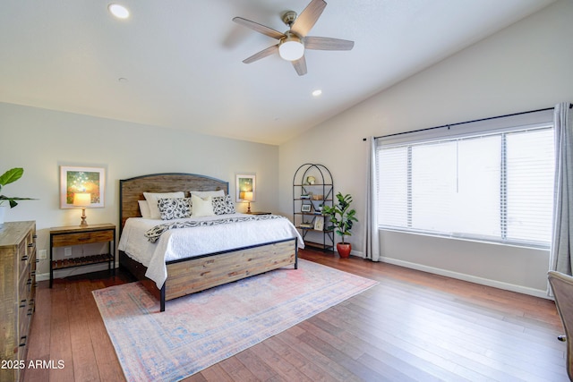 3921 W Jasper Dr, Chandler, AZ 85226 - bedroom featuring lofted ceiling, hardwood / wood-style floors, baseboards, recessed lighting, and ceiling fan