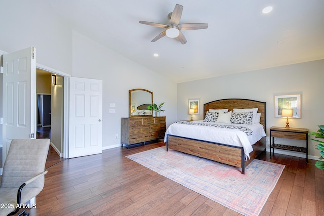 3921 W Jasper Dr, Chandler, AZ 85226 - bedroom featuring high vaulted ceiling, hardwood / wood-style floors, baseboards, recessed lighting, and a ceiling fan