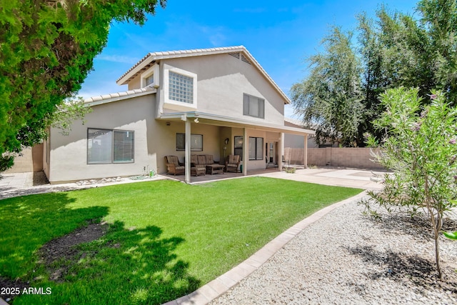3921 W Jasper Dr, Chandler, AZ 85226 - rear view of house with outdoor lounge area, a patio, stucco siding, and a tiled roof