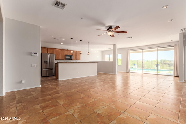 unfurnished living room featuring light tile patterned floors, visible vents, a ceiling fan, and recessed lighting