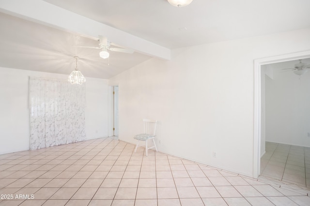 301 Whitton St, Sierra Vista, AZ 85635 - unfurnished room featuring ceiling fan with notable chandelier, vaulted ceiling with beams, and light tile patterned floors