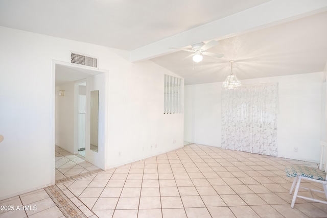 301 Whitton St, Sierra Vista, AZ 85635 - unfurnished room featuring lofted ceiling with beams, tile patterned flooring, visible vents, and ceiling fan with notable chandelier