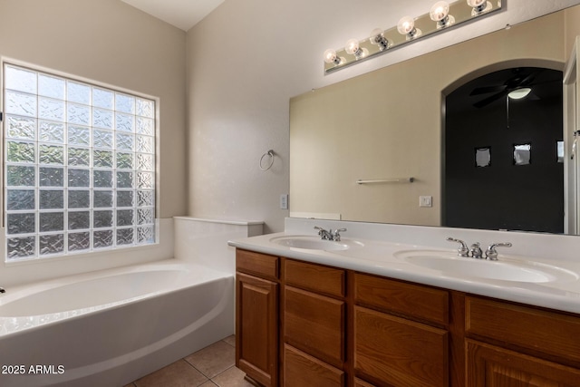 16846 N 49th Way, Scottsdale, AZ 85254 - full bathroom featuring double vanity, tile patterned floors, a bath, and a ceiling fan