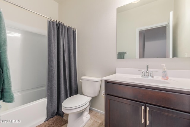 full bathroom with vanity, shower / tub combo, tile patterned floors, and toilet