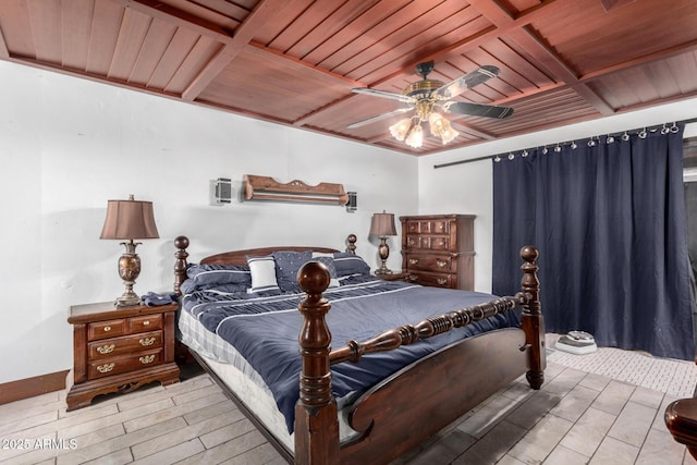 bedroom featuring ceiling fan, coffered ceiling, wooden ceiling, beamed ceiling, and light wood-type flooring